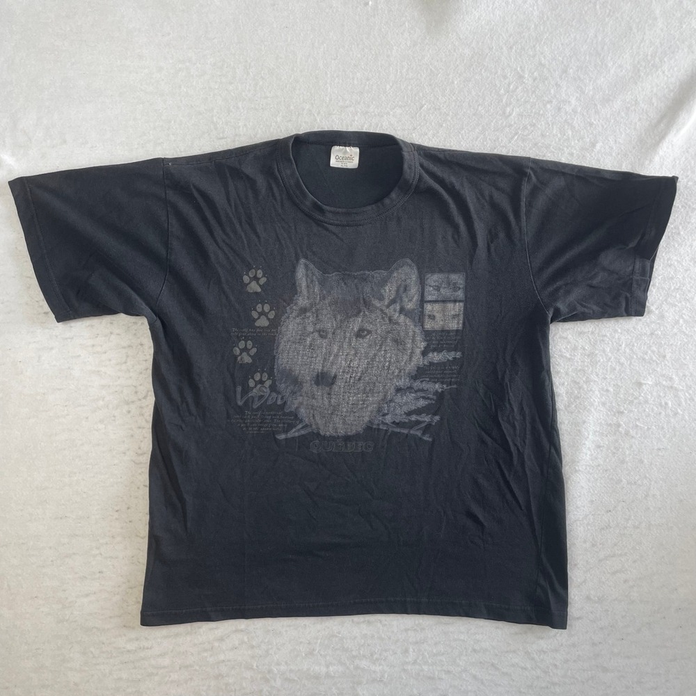 Oceanic Wolf Graphic T Shirt Mens XL Black Quebec Canada Vintage 90s Nature Tee